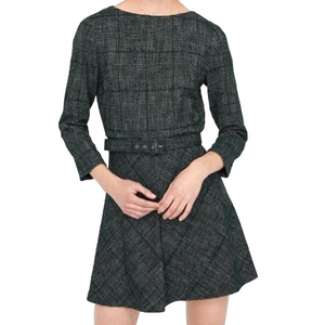 ZARA Tweed Belted Fit & Flare Cropped Sleeve Mini Dress Large
